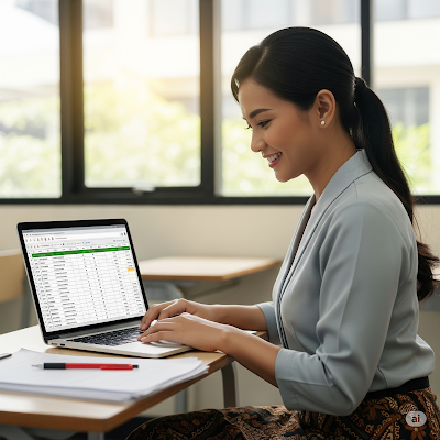 Seorang wanita profesional tersenyum saat bekerja menggunakan laptop di kantor, fokus pada data di layar.