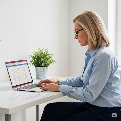 Wanita profesional fokus bekerja pada spreadsheet di laptop, mencari dan menganalisis data di meja kantor yang rapi.
