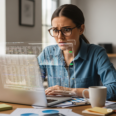 Wanita berkacamata terlihat bingung melihat data spreadsheet yang kompleks dan berantakan di layar laptopnya.