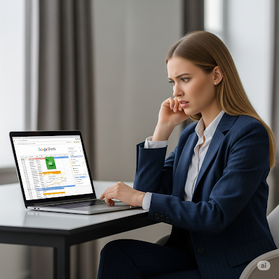 Wanita profesional realistis dengan ekspresi bingung melihat spreadsheet Google Sheets yang kompleks di layar laptopnya, menunjukkan tantangan pengelolaan data.